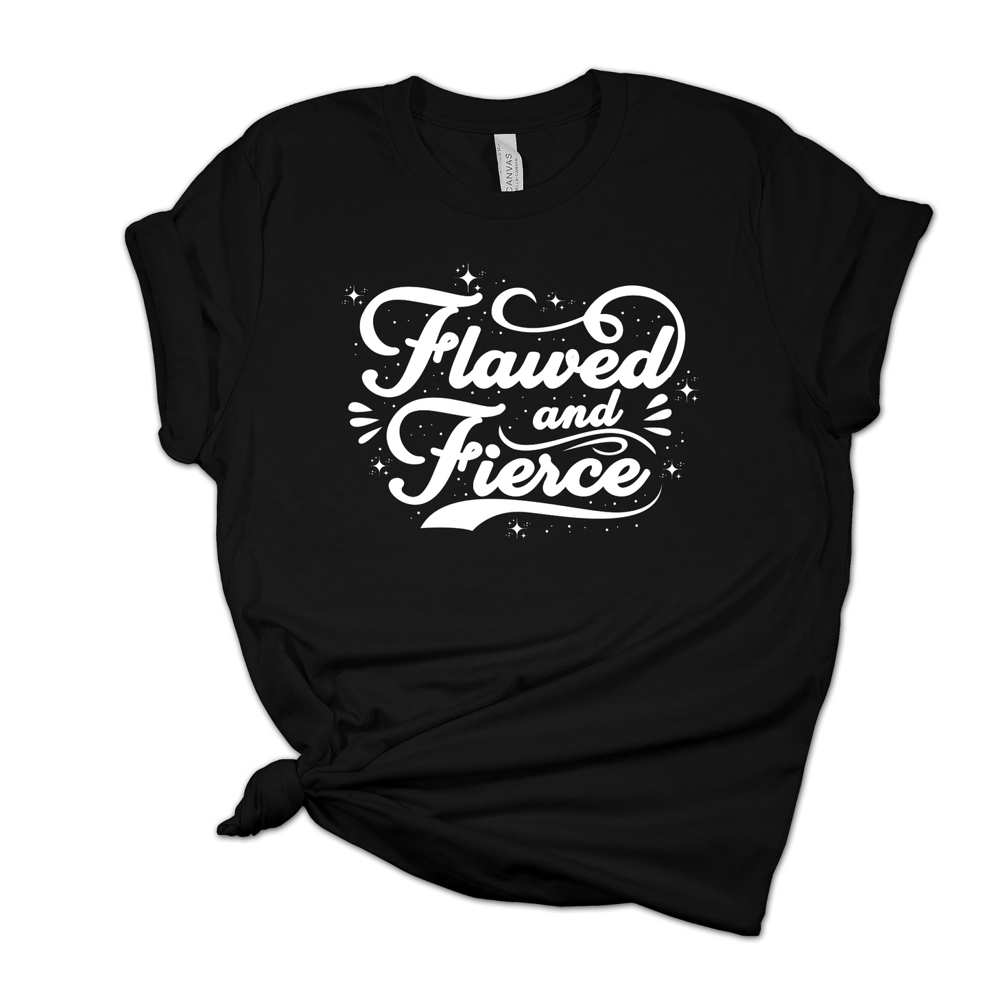 Flawed and Fierce in White Signature Black Tee